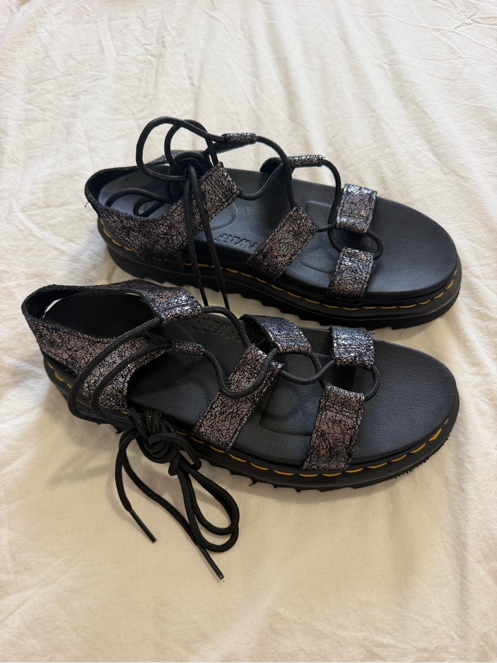 Dr. Martens Black Iridescent Strap Lace-Up Platform Sandals